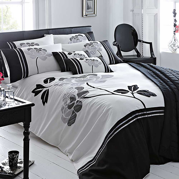 Luxurious Issey Black, Floral, Embroidered, Duvet Cover Set