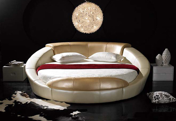 Stylish Round Bed Upholstered in Two Toned Leather