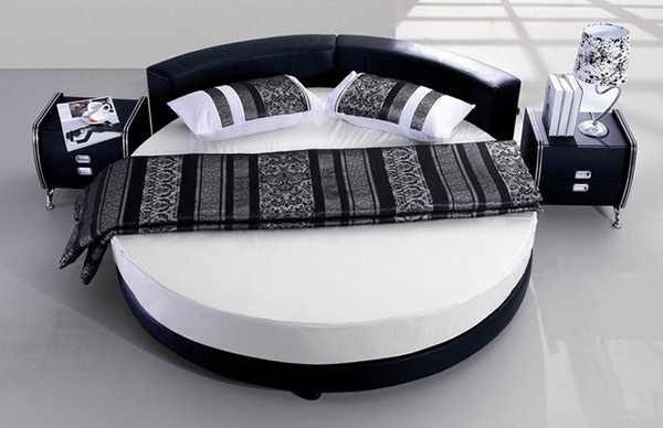 Modern Round Bed Upholstered in Black Leather