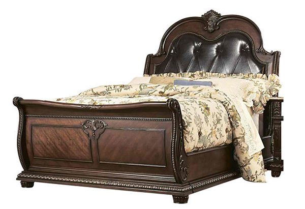Homelegance Palace Sleigh Leather Bed in Brown Cherry